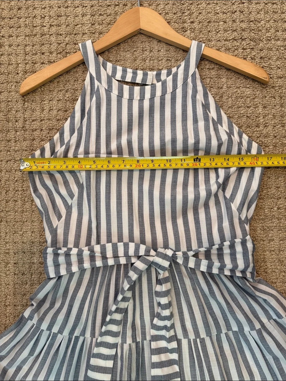 Eliza J Tiered Maxi Dress with Tassle Trim in Gray and White Stripes - Picture 4 of 6